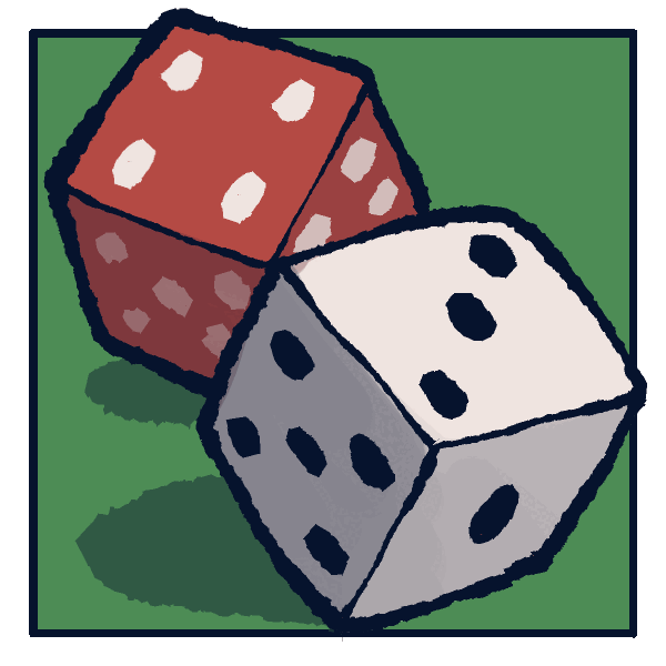 Two dice tumbling across a green felt table