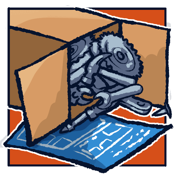 An open crate of machine parts sitting on an unread blueprint