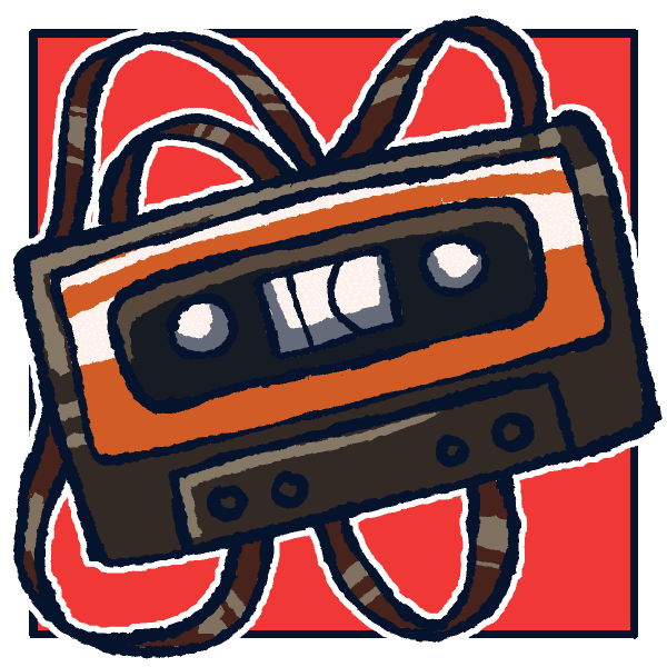 A cassette tape with its ribbon spooled out in a loop behind it