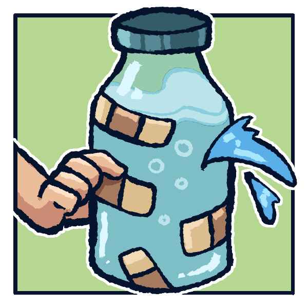 A cracked jar of water patched with bandages, still leaking