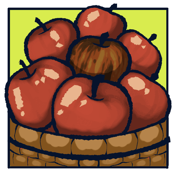 A basket of red apples with one rotten apple hidden in the middle