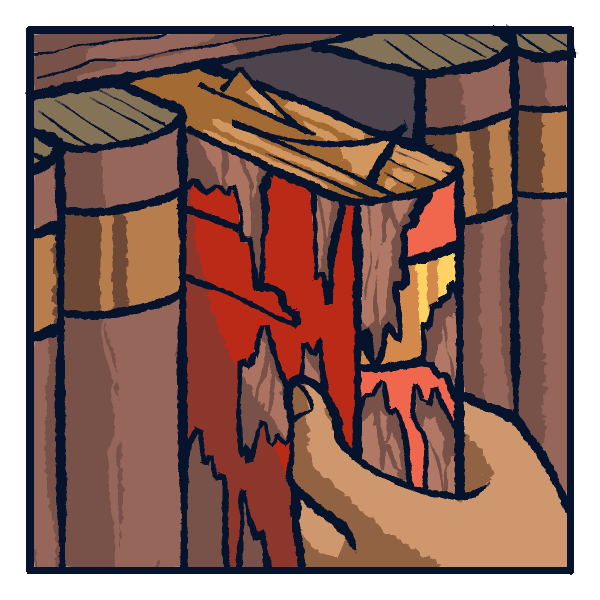 A hand pulling a book from a shelf, red light spilling from the gap