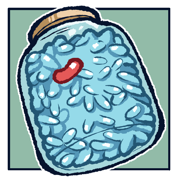 A sealed jar of identical blue pills with a single red one inside